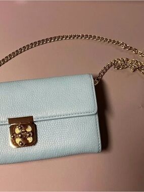 Charming Charlie Pale Blue Leather Crossbody with Gold Chain